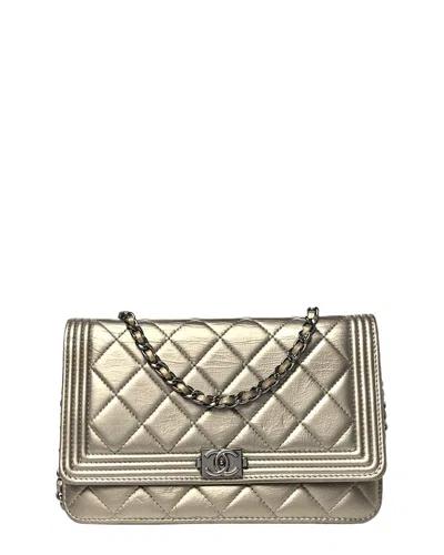 Pre-owned Chanel Gold Calfskin Leather Boy Wallet On Chain (authentic Pre-loved)