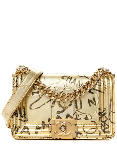 Pre-owned Chanel Gold Calfskin Leather Graffiti Crocodile Small Boy Flap (authentic Pre-  Loved)