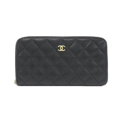 Pre-owned Chanel Gold Caviar Leather Long Wallet (bi-fold) () In Black