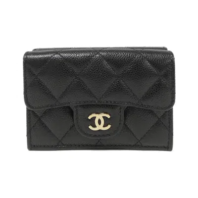 Pre-owned Chanel Gold Caviar Leather Wallet (tri-fold) () In Black
