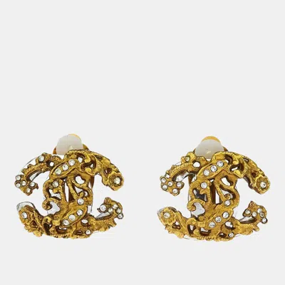 Pre-owned Chanel Gold Cc Earrings Clip-on Rhinestone