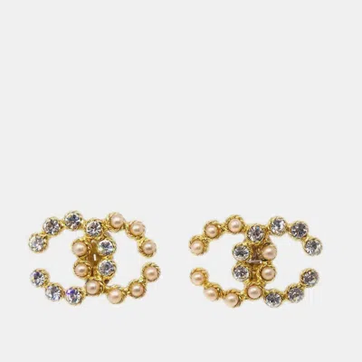 Pre-owned Chanel Gold Cc Earrings Clip-on Rhinestone Artificial Pearl 28