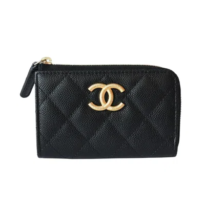 Pre-owned Chanel Gold Cc Logo Zipped Key Holder Case Wallet Black