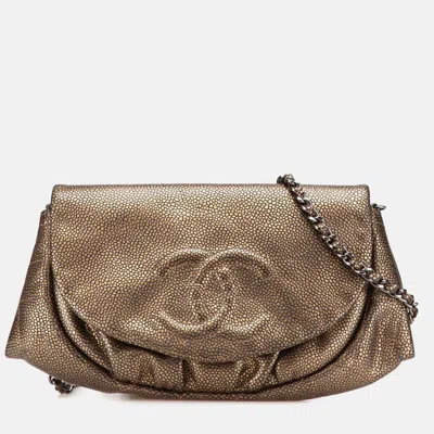 Pre-owned Chanel Gold Cc Metallic Caviar Half Moon Wallet On Chain