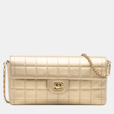 Pre-owned Chanel Gold Cc Metallic Lambskin Choco Bar East West Flap