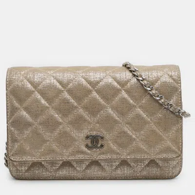 Pre-owned Chanel Gold Cc Quilted Iridescent Calfskin Wallet On Chain