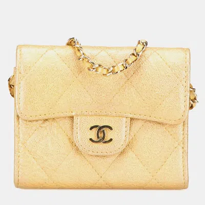 Pre-owned Chanel Gold Cc Quilted Iridescent Caviar Flap Card Holder On Chain