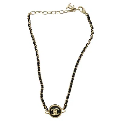 Pre-owned Chanel Gold Cc Turnlock Black Lambskin Leather Choker Necklace