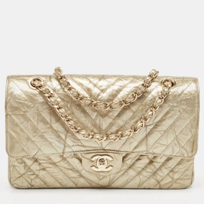 Pre-owned Chanel Gold Chevron Patent Leather Medium Classic Double Flap Bag