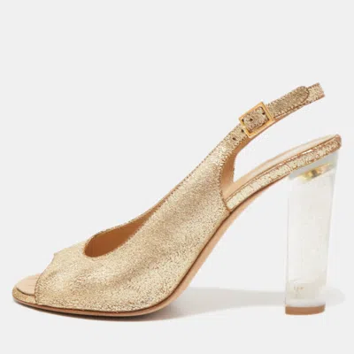 Pre-owned Chanel Gold Crackled Leather Glitter Cc Lucite Heel Peep Toe Slingback Sandals Size 39