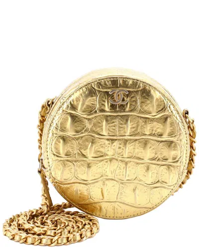 Pre-owned Chanel Gold Embossed Métiers D'art Paris-new York 2019 Round Chain Clutch (authentic Pre-loved)
