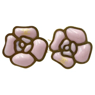 Pre-owned Chanel Gold Frame Pink Camellia Flower Lever Back Earrings