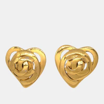 Pre-owned Chanel Gold Heart Earrings Clip-on