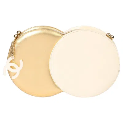 Pre-owned Chanel Gold Lambskin & Beige Patent Leather Double Circle Clutch In Brown