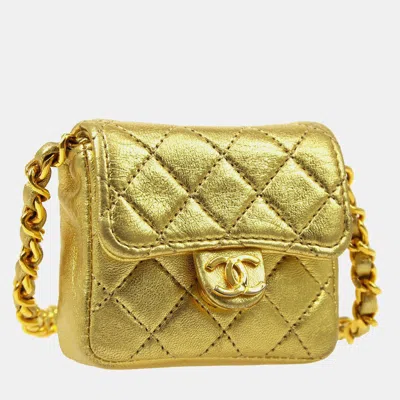 Pre-owned Chanel Gold Lambskin Micro Classic Flap Shoulder Bag Pochette