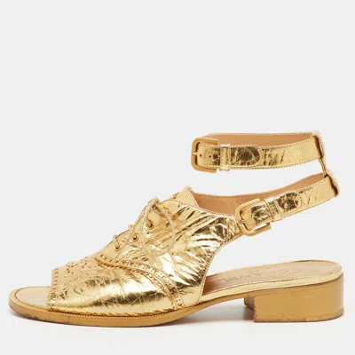 Pre-owned Chanel Gold Leather Brogue Lace Up Oxford Open Toe Ankle Strap Sandals Size 39