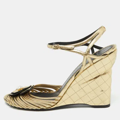 Pre-owned Chanel Gold Leather Camelia Ankle Strap Wedge Sandals Size 40