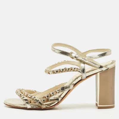 Pre-owned Chanel Gold Leather Chain Embellished Ankle Strap Sandals Size 39.5