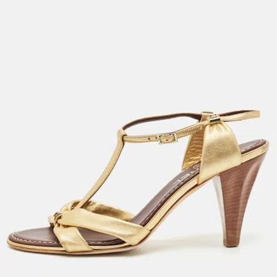 Pre-owned Chanel Gold Leather Slingback Sandals Size 39.5