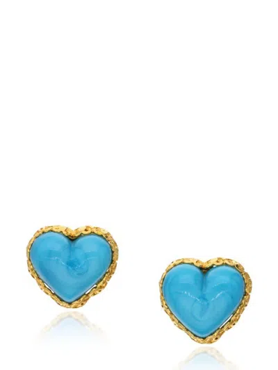Pre-owned Chanel Gold Metal, Blue Gripoix Heart Earrings, 1993 In 金色