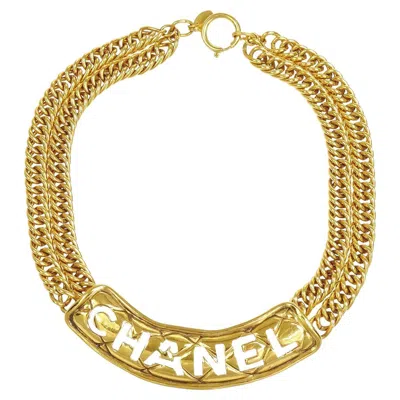 Pre-owned Chanel Gold Metal '' Plate Logo Double Chain Link Choker Necklace In Multiple