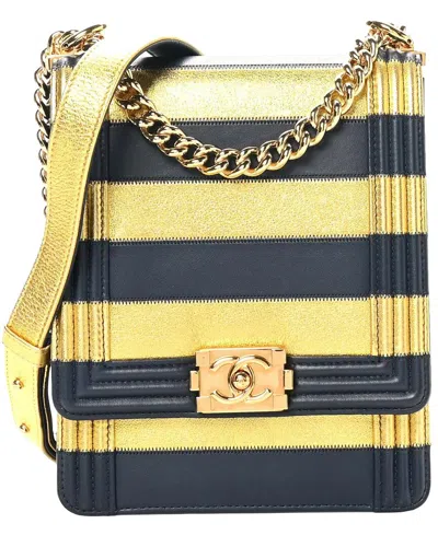 Pre-owned Chanel Gold Metallic Lambskin Leather Striped North South Boy Flap (authentic  Pre-loved)