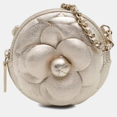 Pre-owned Chanel Gold Mini Cc Metallic Lambskin Camellia Bouquet Round Clutch On Chain