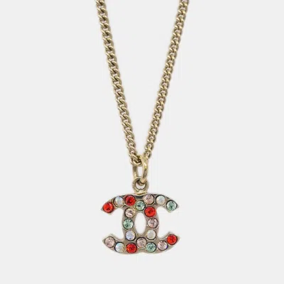 Pre-owned Chanel Gold Mini Cc Pendant Necklace Rhinestone