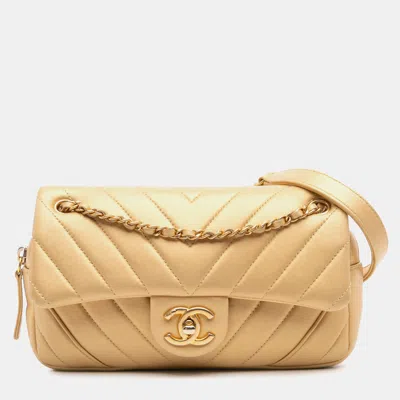 Pre-owned Chanel Gold Mini Quilted Chevron Lambskin Camera Case Flap Bag