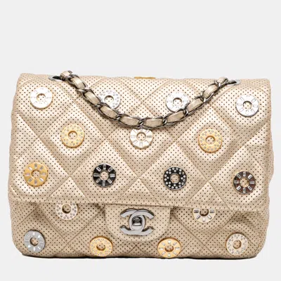 Pre-owned Chanel Gold Paris-dubai Small Perforated Metallic Lambskin Medals Flap