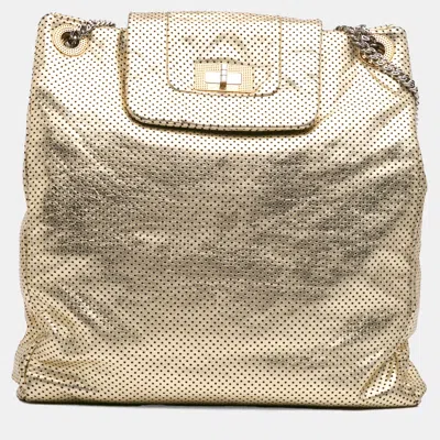 Pre-owned Chanel Gold Perforated Crackled Metallic Calfskin Drill Tote