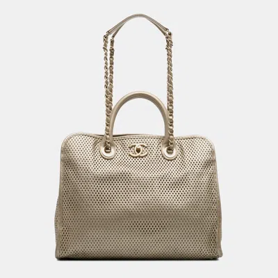 Pre-owned Chanel Gold Perforated Metallic Calfskin Up In The Air Tote