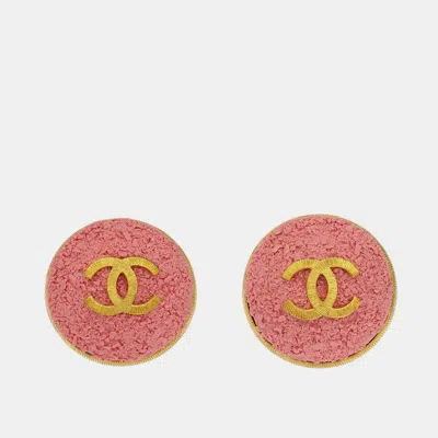 Pre-owned Chanel Gold Pink Button Earrings Clip-on