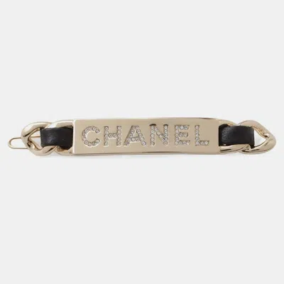Pre-owned Chanel Gold Plated And Leather Rhinestone Logo Hair Clip