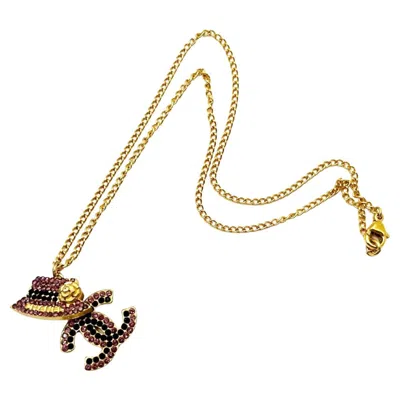 Pre-owned Chanel Gold Plated Cc Hat Black Fuchsia Crystal Necklace