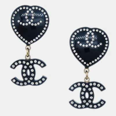 Pre-owned Chanel Gold Plated Rhinestone Cc Heart Dangle Earrings Clip-on Black 09c