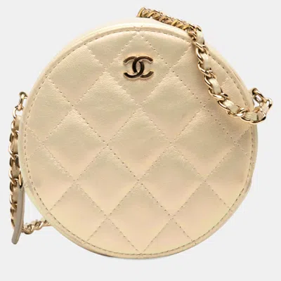 Pre-owned Chanel Gold Quilted Iridescent Lambskin Round Clutch With Chain