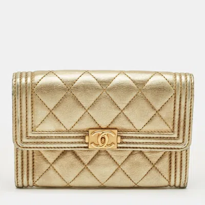 Pre-owned Chanel Gold Quilted Leather Boy Flap Wallet