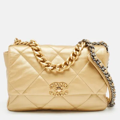 Pre-owned Chanel Gold Quilted Leather Large 19 Flap Bag