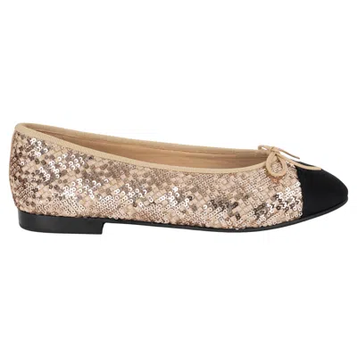 Pre-owned Chanel Gold Silk 25b Sequin & Grosgrain Ballet Flats Shoes 38.5 Fit 38