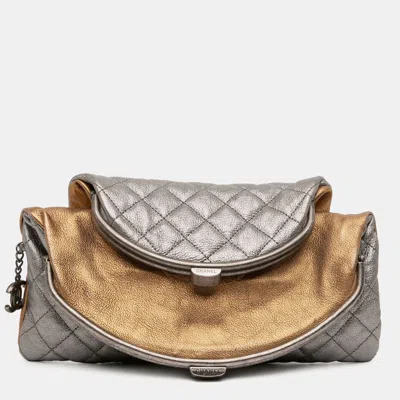 Pre-owned Chanel Gold Silver Quilted Metallic Goatskin Tabatiere Kisslock Foldover Clutch