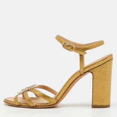 Pre-owned Chanel Gold Textured Leather Crystal Embellished Bow Ankle Strap Sandals Size 39.5