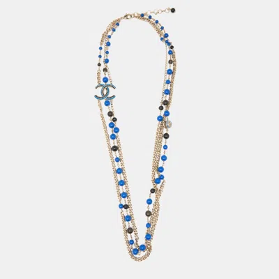 Pre-owned Chanel Gold Tone Blue Beaded Crystal Cc Multi Layered Long Necklace