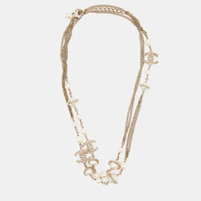 Pre-owned Chanel Gold Tone Faux Pearl & Chain Cc Layered Necklace