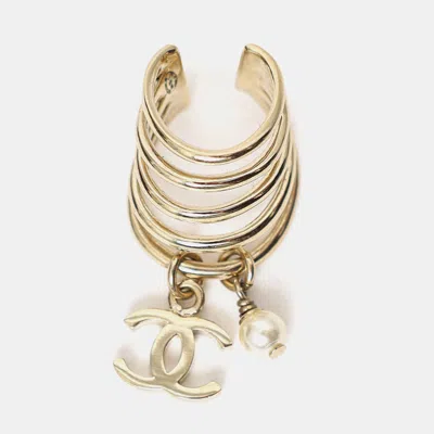 Pre-owned Chanel Gold Tone Pearl Cc Logo Dangle Drop Ear Cuff