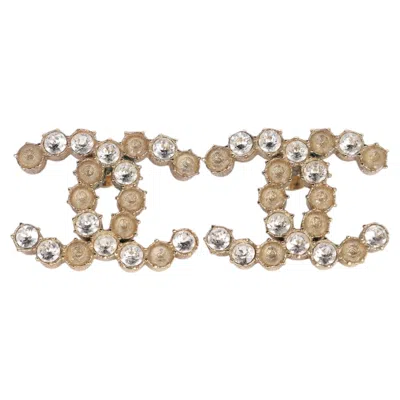 Pre-owned Chanel Gold Tone Pink Rhinestone Cc Logo Stud Earrings, Made In France