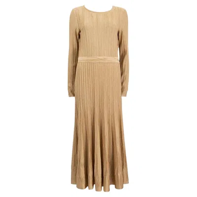 Pre-owned Chanel Gold Viscose 2016 Rome Pleated Lurex Maxi Knit Dress 42 L In Brown