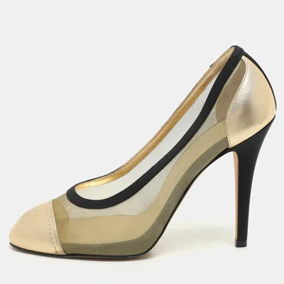 Pre-owned Chanel Gold/black Leather And Mesh Cc Cap Toe Pumps Size 36