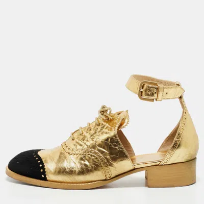 Pre-owned Chanel Gold/black Leather And Suede Cc Ankle Strap Oxford Sandals Size 38.5