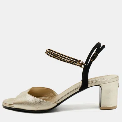 Pre-owned Chanel Gold/black Leather Cc Chain Ankle Strap Sandals Size 42